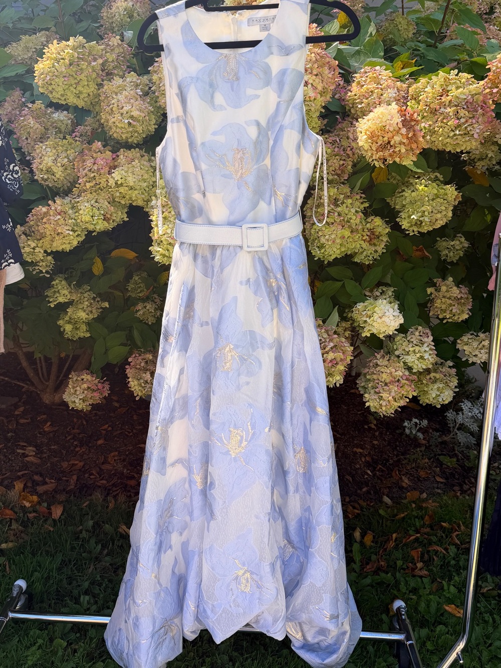 Kay Unger Light Blue and Gold Sleeveless Maxi Dress with Waist Belt